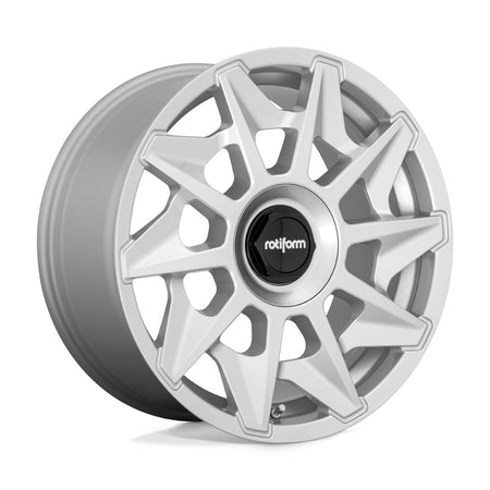 Rotiform gloss silver wheel with black center cap with silver rotiform logo