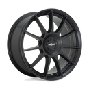 Rotiform DTM monoblock cast aluminum 11 spoke automotive wheel in a satin black finish with a Rotiform black center cap having a silver Rotiform logo.