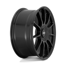 Side view of a Rotiform DTM monoblock cast aluminum 11 spoke automotive wheel in a satin black finish with a Rotiform black center cap having a silver Rotiform logo.