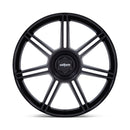 Front View of A Rotiform FRA Gloss Black with Matte Black Spokes Automotive Wheel with a black Rotiform logo center cap