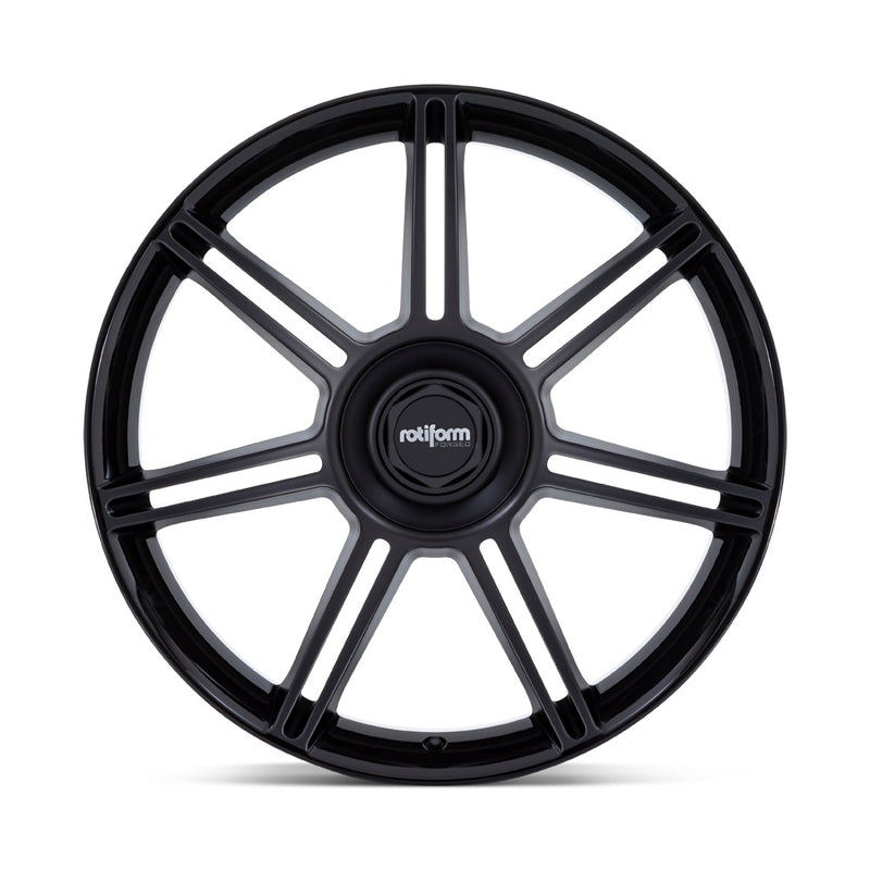 Front View of A Rotiform FRA Gloss Black with Matte Black Spokes Automotive Wheel with a black Rotiform logo center cap