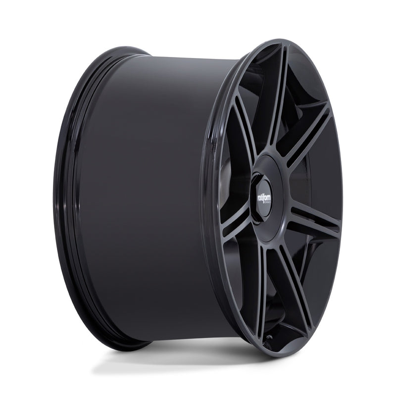 Side View Of A Rotiform FRA Gloss Black with Matte Black Spokes Automotive Wheel with a black Rotiform logo center cap