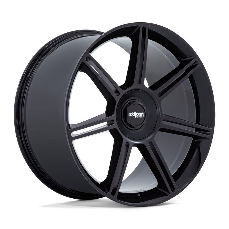 A Rotiform FRA Gloss Black with Matte Black Spokes Automotive Wheel with a black Rotiform logo center cap
