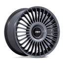 Rotiform multispoke flat face vehicle wheel in a matte anthracite finish with black and silver Rotiform logo center cap.