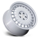 Tilted side view of a Rotiform PMF model road wheel in a gloss silver color