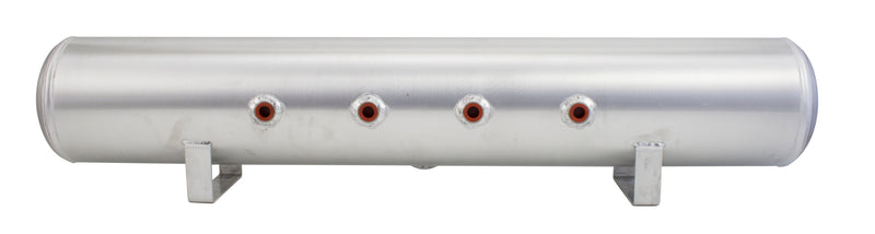 Close up view of Air Lift Performance's lightweight 5g aluminum face port air tank showing 4 face ports and 1 drain port. The 1 end port is not visible in this picture.