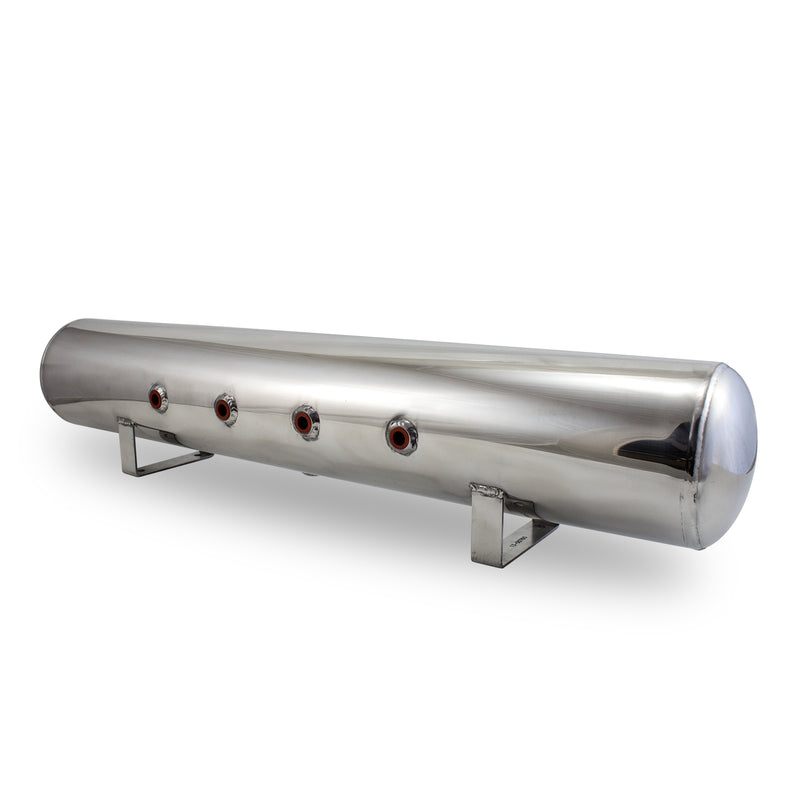 An Air Lift Performance lightweight stainless steel air tank showing face ports.