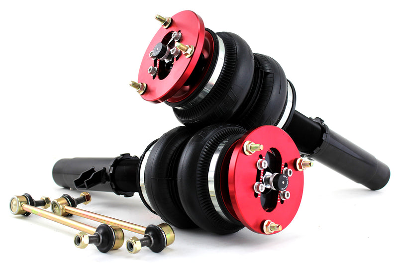 A pair of Air Lift Performance red accented threaded monotube struts with double bellows progressive rate air springs, adjustable camber plates and red anodized aluminum upper mounts, and a pair of sway bar endlinks. Air suspension kit part