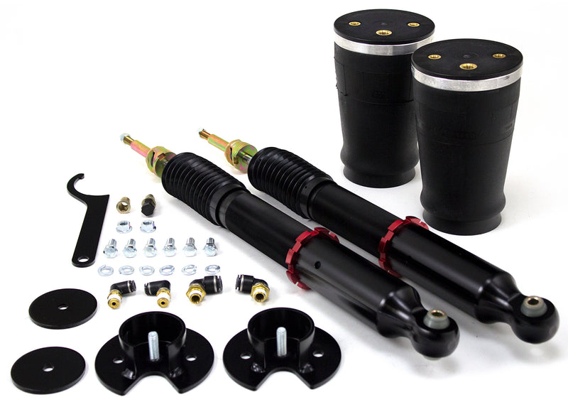 A pair of Air Lift Performance red accented threaded body shocks with progressive rate tapered sleeve style springs, powdercoated gloss black steel brackets and fittings.  Air suspension kit part