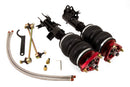 A pair of Air Lift Performance red accented threaded high performance monotube struts with double bellows progressive rate air springs with bolt-in camber plates, sway bar endlinks and braided stainless steel leader hoses. Air suspension kit part