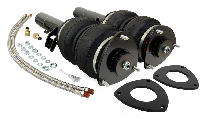 Pair of vehicle air suspension struts with black double bellow air bags with 2 black camber plates, 2 braided leader hoses , 2 hoses fittings  with nuts and washers.