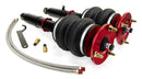 A pair of Air Lift Performance red accented monotube struts with double bellows progressive rate air springs, braided stainless steel leader hoses and fittings. Air suspension kit part