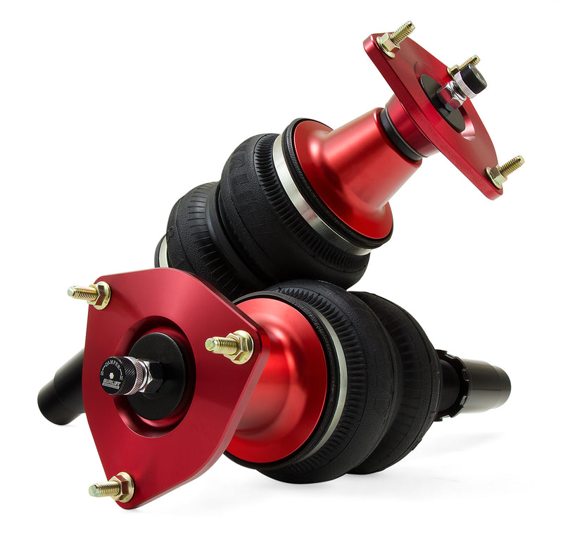 A pair of Air Lift Performance red accented threaded body air-over monotube shocks with double bellows progressive rate air springs.  Air suspension kit part
