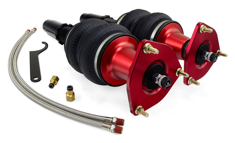 A pair of Air Lift Performance red accented high performance shocks with double bellows progressive rate air springs along with stainless steel leader hoses, fittings and mounting hardware. with fittings and stainless steel leader hoses. Air suspension kit part