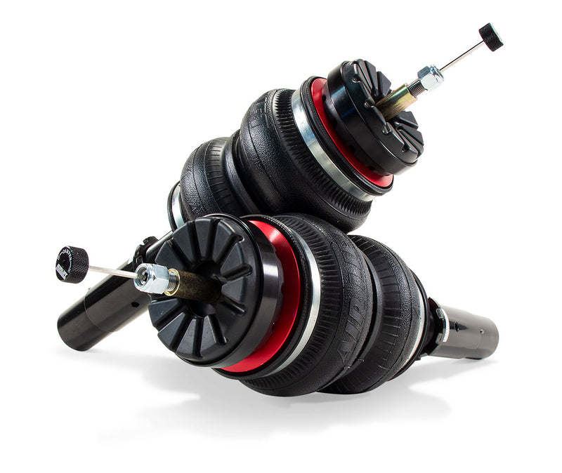 A pair of Air Lift Performance red accented threaded body monotube shocks with progressive rate double bellows air springs.  Air suspension kit part