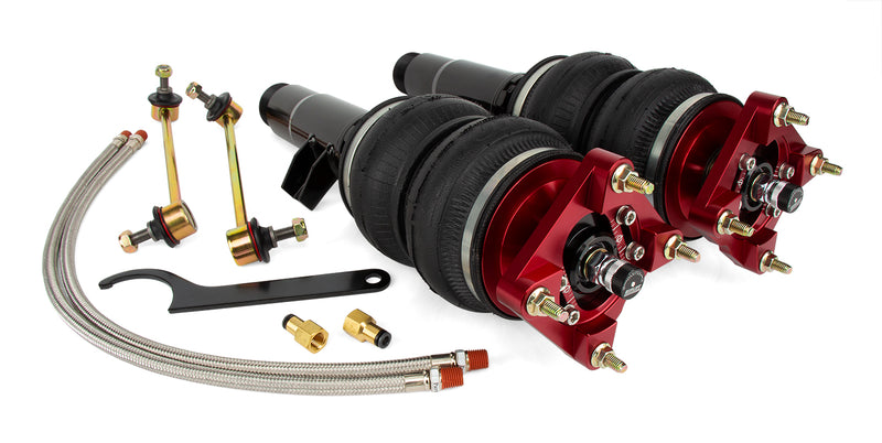 A pair of Air Lift Performance red accented monotube shocks with double bellows progressive rate air springs withbolt-in camber plates, stainless steel leader hoses and mounting hardware. Air suspension kit part