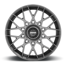 Front face view of a Rotiform BLQ-C monoblock cast aluminum multi spoke automotive wheel in a matte anthracite finish with a black center cap with a silver Rotiform logo.