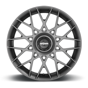 Front face view of a Rotiform BLQ-C monoblock cast aluminum multi spoke automotive wheel in a matte anthracite finish with a black center cap with a silver Rotiform logo.