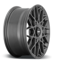 Side view of a Rotiform BLQ-C monoblock cast aluminum multi spoke automotive wheel in a matte anthracite finish with a black center cap with a silver Rotiform logo.
