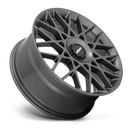 Tilted side view of a Rotiform BLQ-C monoblock cast aluminum multi spoke automotive wheel in a matte anthracite finish with a black center cap with a silver Rotiform logo.