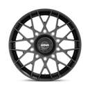 Front face view of a Rotiform BLQ-C monoblock cast aluminum multi spoke automotive wheel in a matte black finish with a black center cap with a silver Rotiform logo.