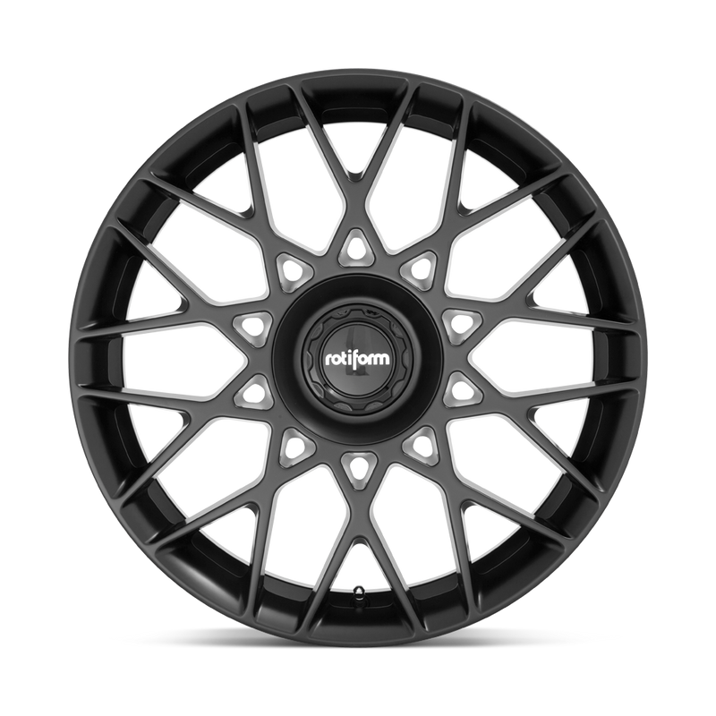 Front face view of a Rotiform BLQ-C monoblock cast aluminum multi spoke automotive wheel in a matte black finish with a black center cap with a silver Rotiform logo.