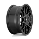 Side view of a Rotiform BLQ-C monoblock cast aluminum multi spoke automotive wheel in a matte black finish with a black center cap with a silver Rotiform logo.