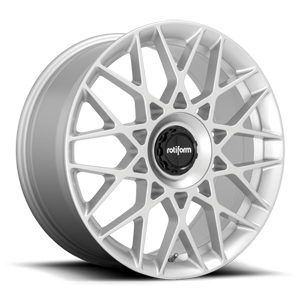Rotiform BLQ-C monoblock cast aluminum multi spoke automotive wheel in a silver finish with a black center cap with a silver Rotiform logo.