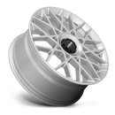 Tilted side view of a Rotiform BLQ-C monoblock cast aluminum multi spoke automotive wheel in a silver finish with a black center cap with a silver Rotiform logo.