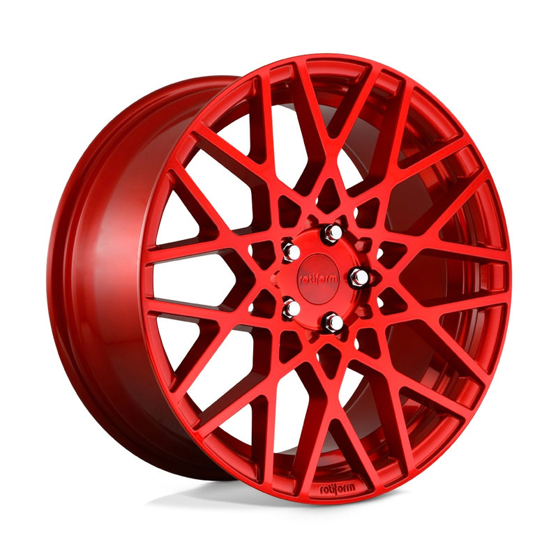 Rotiform BLQ monoblock cast aluminum 10 spoke mesh pattern automotive wheel in a candy red finish with an embossed Rotiform logo on the lip and a red Rotiform logo center cap.