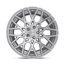 Front face view of a Rotiform BLQ monoblock cast aluminum 10 spoke mesh pattern automotive wheel in a gloss silver machined finish with an embossed Rotiform logo on the lip and a silver Rotiform logo center cap.