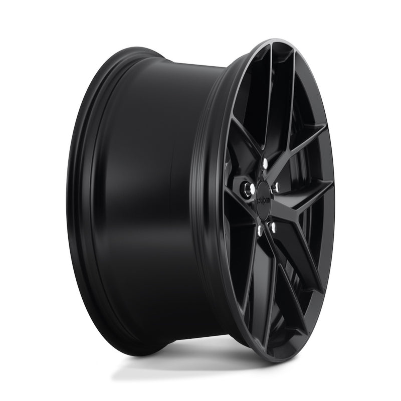 Side view of a Rotiform FLG monoblock cast aluminum 5 double V shape spoke design automotive wheel in a matte black finish with a black Rotiform logo center cap.
