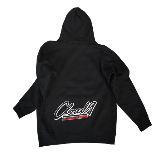 Rear of black hoodie showing Cloud 9 Automotive Brand white and red company logo.