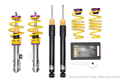 2 vehicle suspension chrome coilovers with yellow springs and purple accented fittings, 2 black coilovers, 2 yellow springs with purple accented fittings, 1 coilover adjustment tool and storage box.