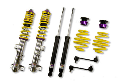 2 assembled vehicle suspension chrome coilovers with yellow springs and purple end fittings, 2 black coilover bodies and 2 yellow springs, 2 purple end fittings and 2 linkages.