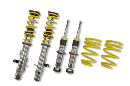 2 assembled vehicle suspension chrome coilovers with yellow springs, 2 chrome coilover bodies and 2 yellow springs
