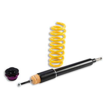 1 vehicle suspension black coilover body, 1 yellow coilover spring and 1 end fitting.