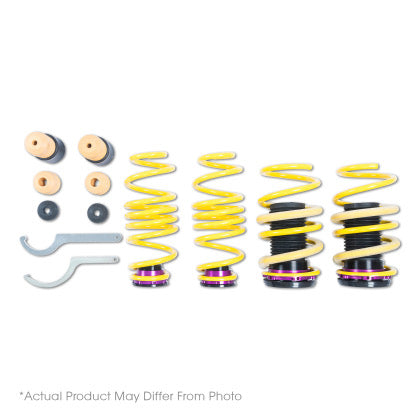 4 yellow vehicle suspension height adjustable springs with 4 end fittings and 2 installation tools