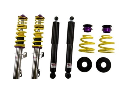 2 assembled vehicle suspension chrome coilovers with yellow springs, 2 black coilovers and 2 yellow springs with end fittings.