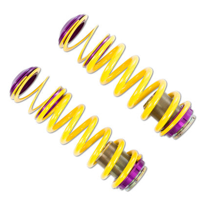 2 yellow vehicle suspension height adjustable springs with purple and chrome end fittings