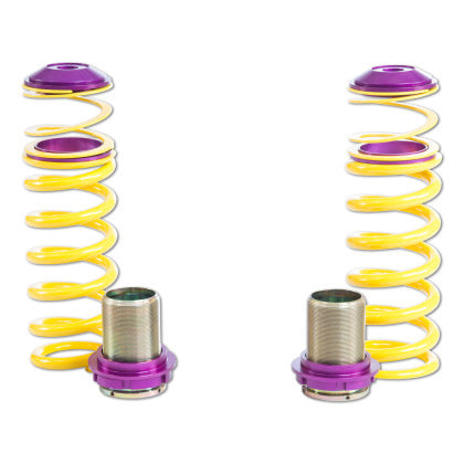 2 yellow vehicle suspension height adjustable springs and 2 threaded purple and chrome height adjusters