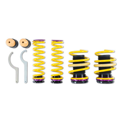 4 yellow vehicle suspension height adjustable springs with end adjustment fittings and fitting tools