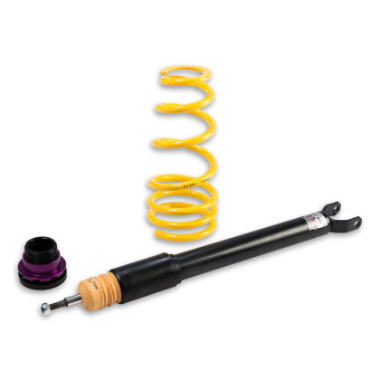 1 vehicle suspension black coilover body, 1 yellow spring and one end fitting.