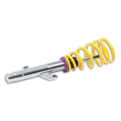1 vehicle suspension chrome body coilover with yellow spring and purple spring perch fitting.