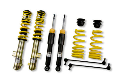 Two vehicle suspension adjustable coilover overs, two unsleeved coilover struts and two coilover springs with end links