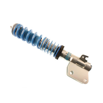Single zinc plated vehicle suspension coilover with fitted blue strut sleeve and fitted blue spring.