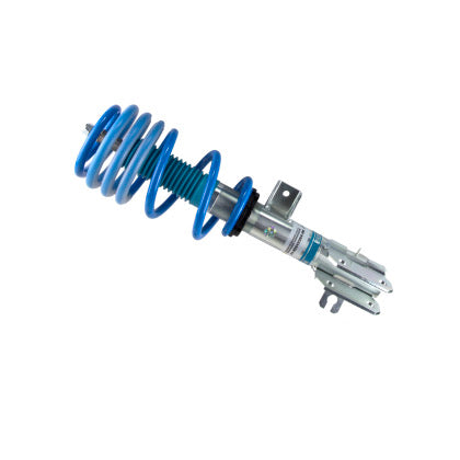 Single Bilstein zinc plated coilover with fitted blue strut sleeve and blue spring.