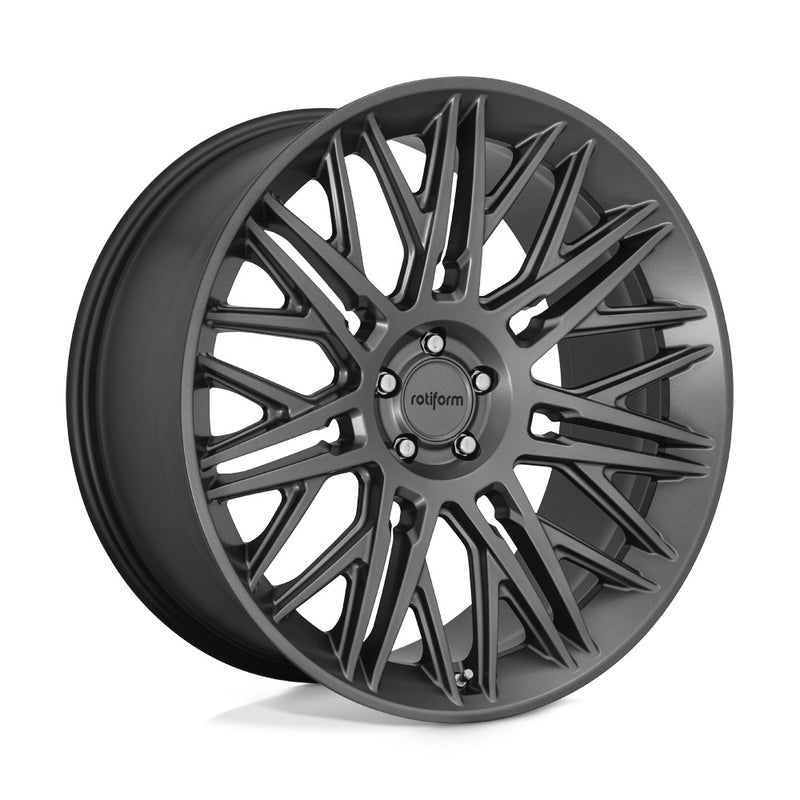 Rotiform JDR a monobock cast aluminum multi spoke automotive wheel in a matte anthracite finish with center cap with a black Rotiform logo.