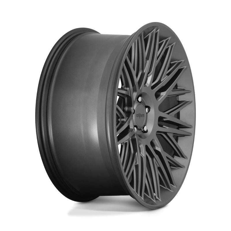 Side view of a Rotiform JDR a monobock cast aluminum multi spoke automotive wheel in a matte anthracite finish with center cap with a black Rotiform logo.