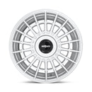 Front face view of a Rotiform LAS-R monoblock cast aluminum multi spoke automotive wheel in gloss silver with a black center cap having a silver Rotiform logo.